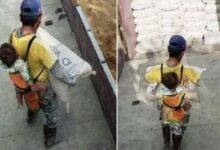 Photo of Un padre rimasto vedovo porta suo figlio sulla schiena mentre lavora in cantiere: non vuole lasciarlo da solo a casa